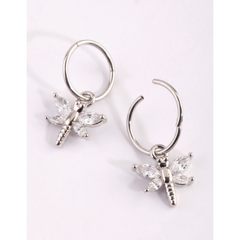 Surgical Steel Cubic Zirconia Dragonfly Hoop Earrings