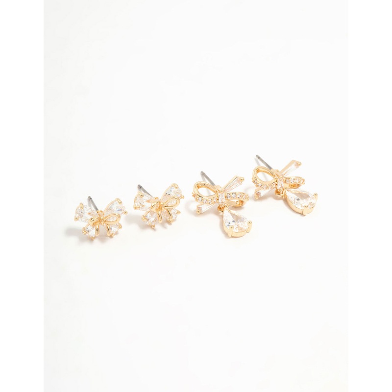 Gold Cubic Zirconia Bow Stud Earrings 2-Pack