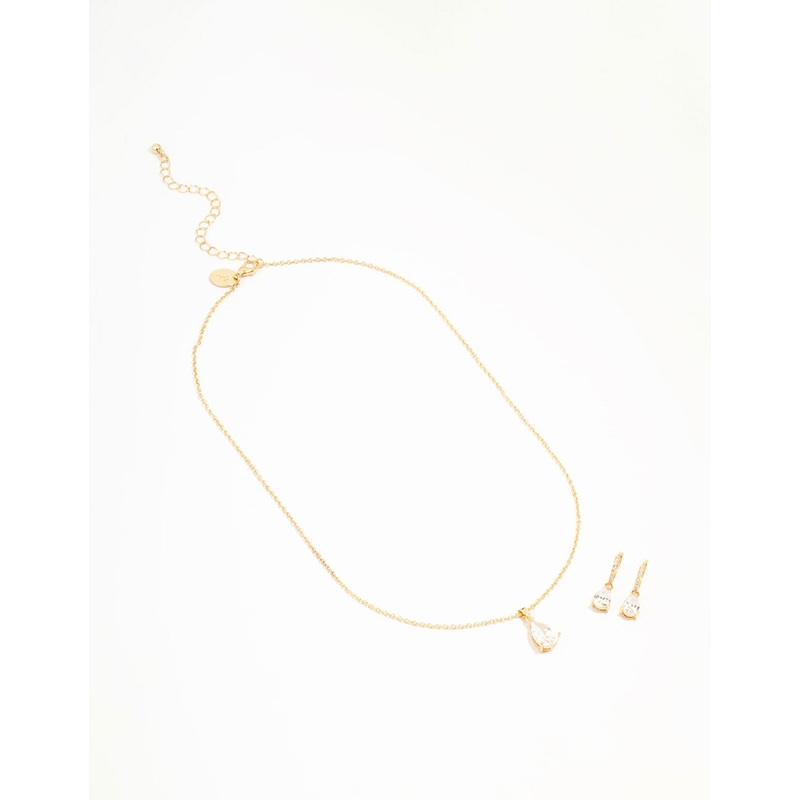 Gold Plated Cubic Zirconia Drop Necklace & Stud Earrings Set