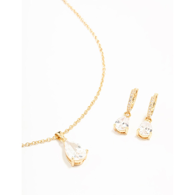 Gold Plated Cubic Zirconia Drop Necklace & Stud Earrings Set