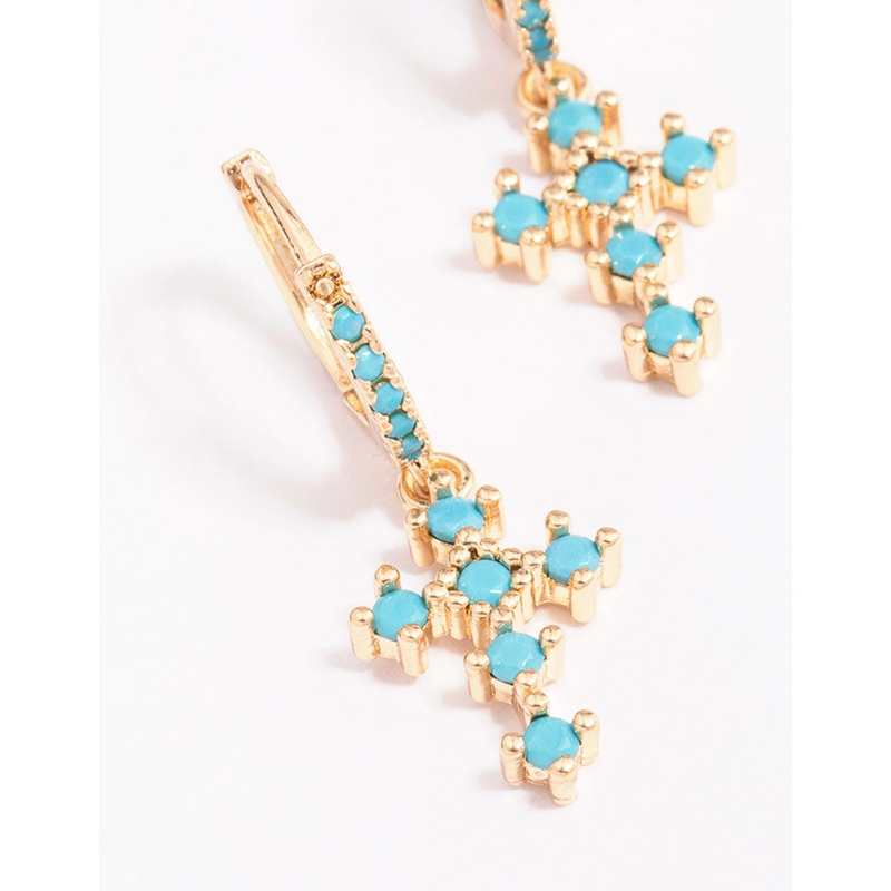 Gold Cubic Zirconia & Turqouise Cross Drop Earrings