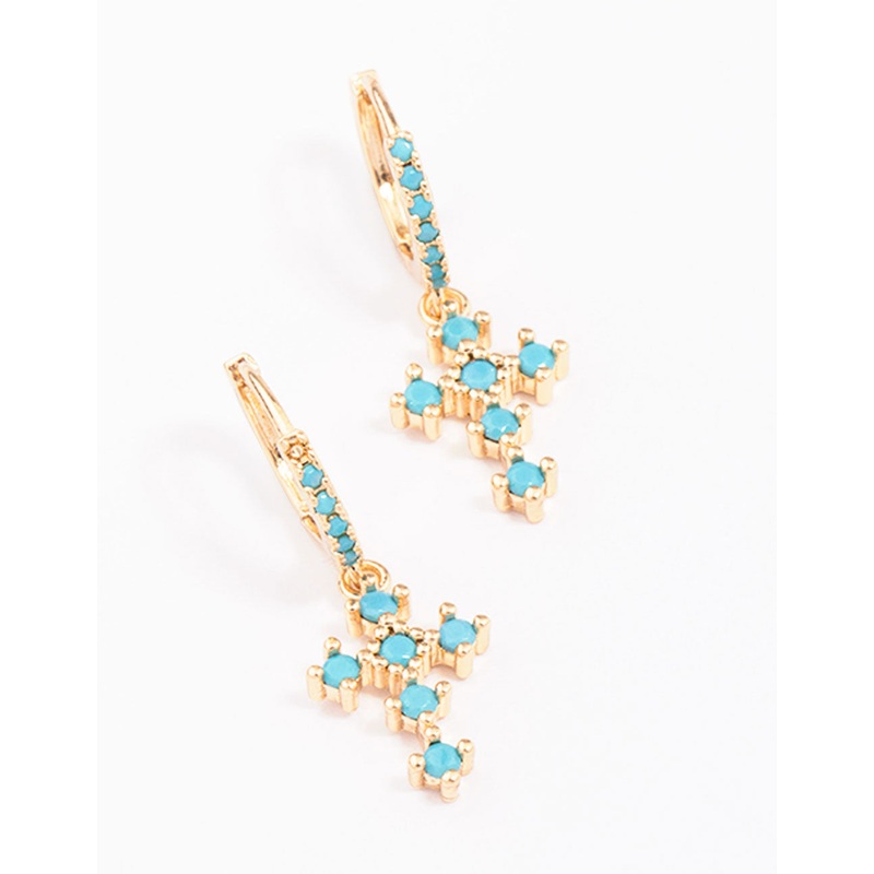 Gold Cubic Zirconia & Turqouise Cross Drop Earrings