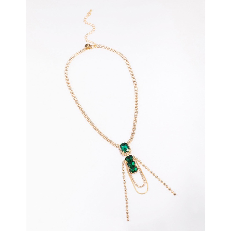 Gold Diamante & Emerald Stone Drop Necklace