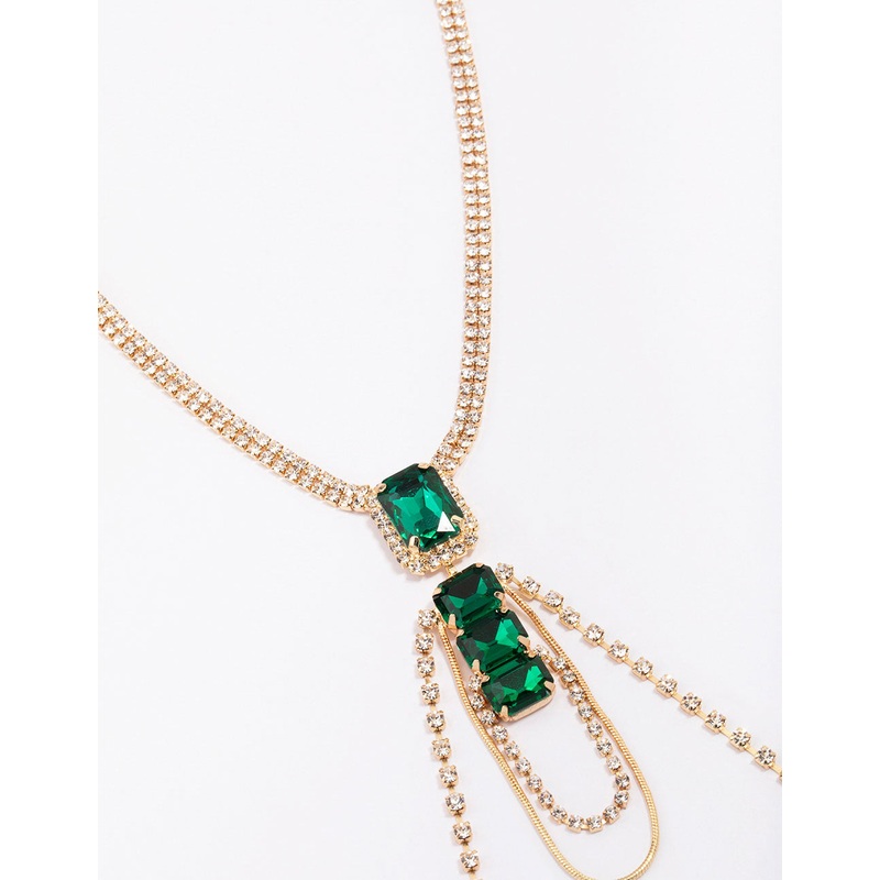Gold Diamante & Emerald Stone Drop Necklace