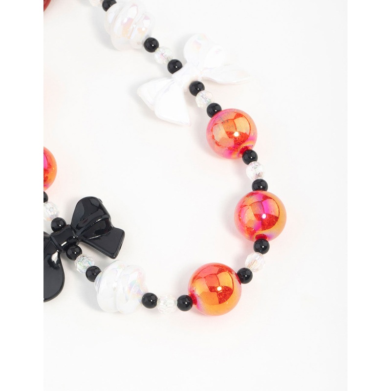 Red, White & Black Pearl & Bow Heart Keychain