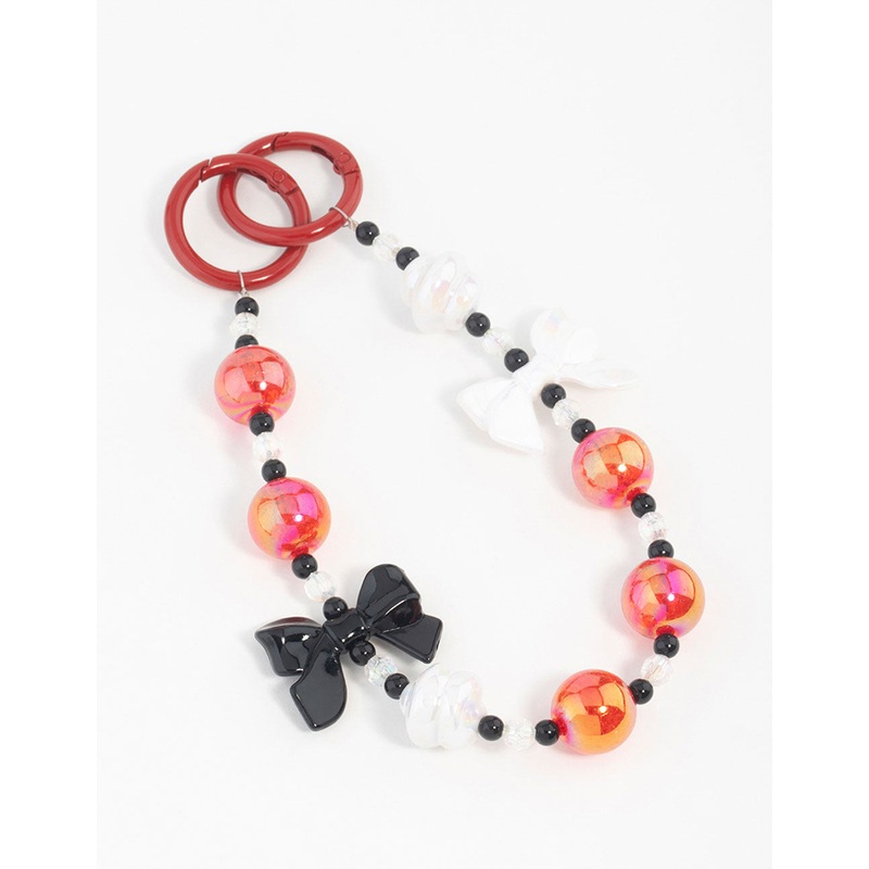 Red, White & Black Pearl & Bow Heart Keychain