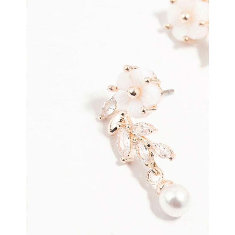 Rose Gold Plated Flower & Pearls Drop Earrings