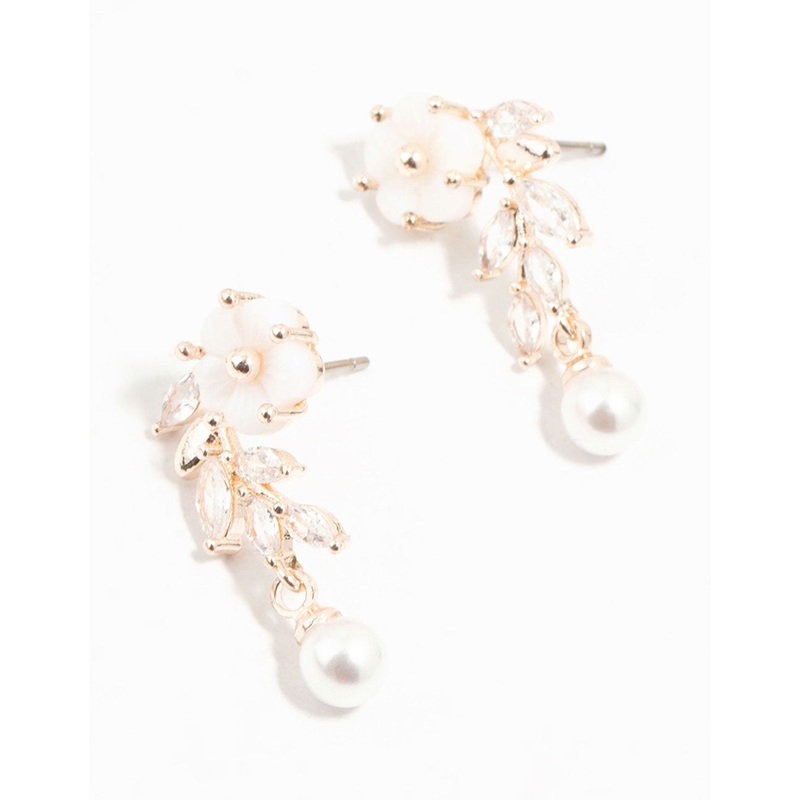 Rose Gold Plated Flower & Pearls Drop Earrings