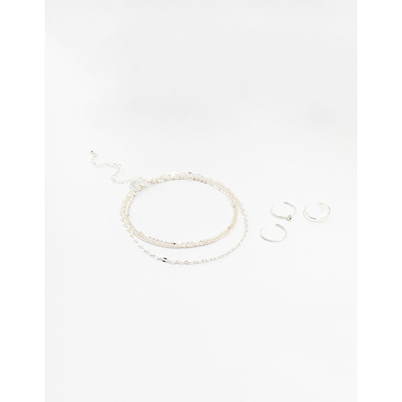 Silver Dumbell Anklet & Toe Rings Set