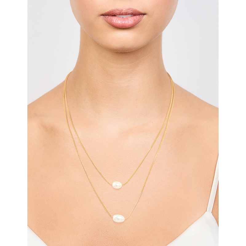 Waterproof Gold Plated Stainless Steel Layered Pearl Pendant Necklace
