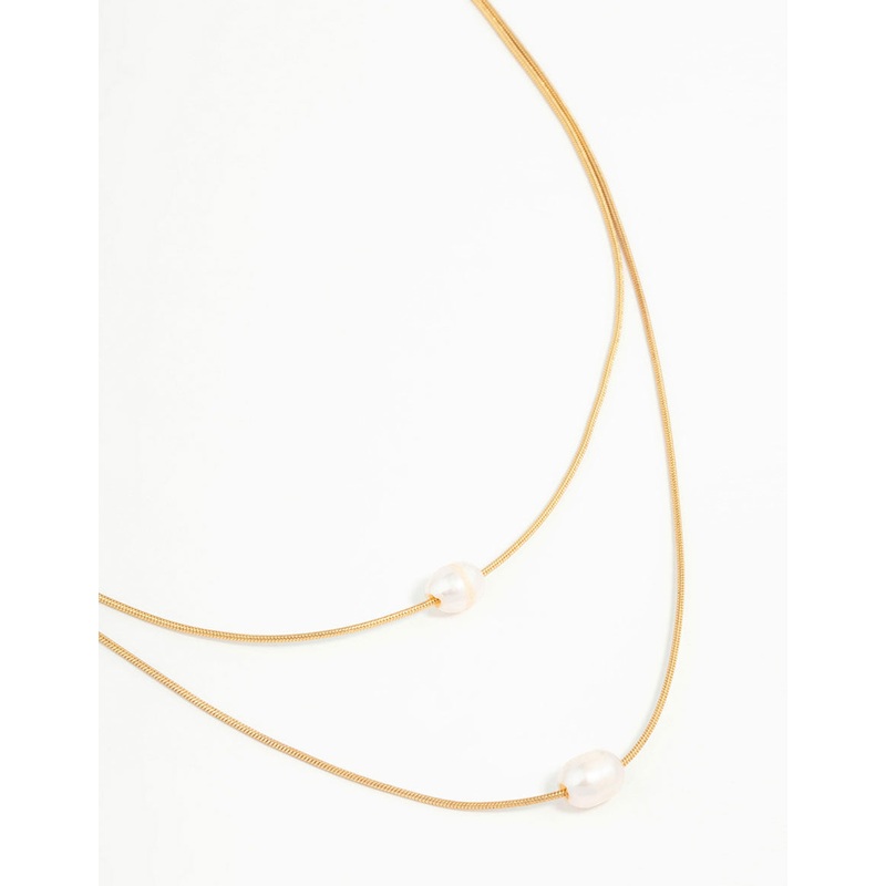 Waterproof Gold Plated Stainless Steel Layered Pearl Pendant Necklace