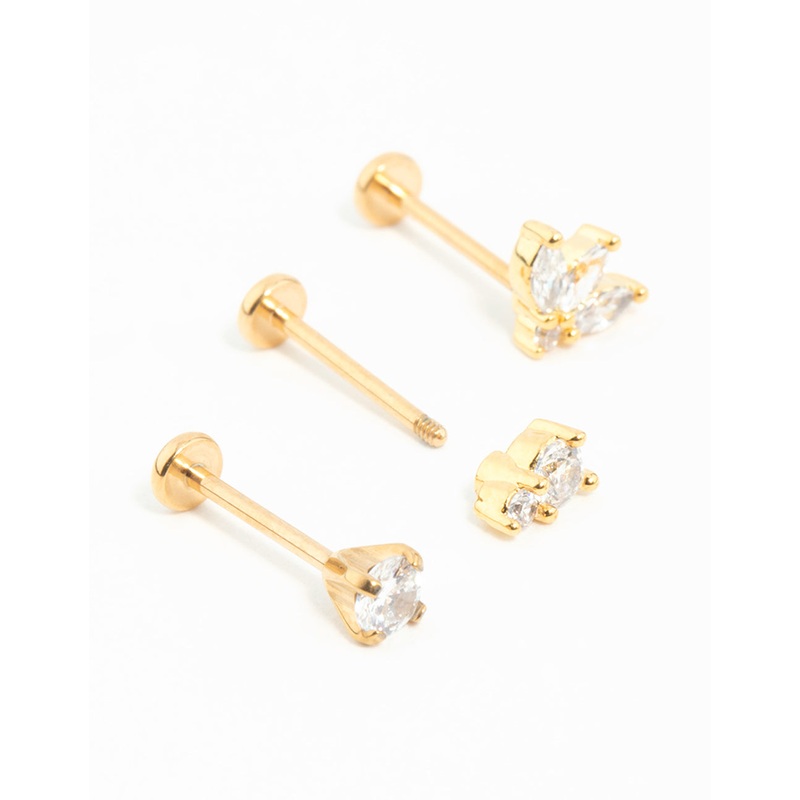 Gold Plated Surgical Steel Double Cubic Zirconia Flat Backs 3-Pack
