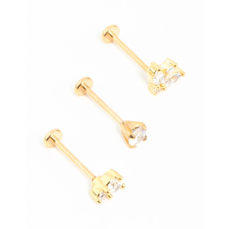 Gold Plated Surgical Steel Double Cubic Zirconia Flat Backs 3-Pack