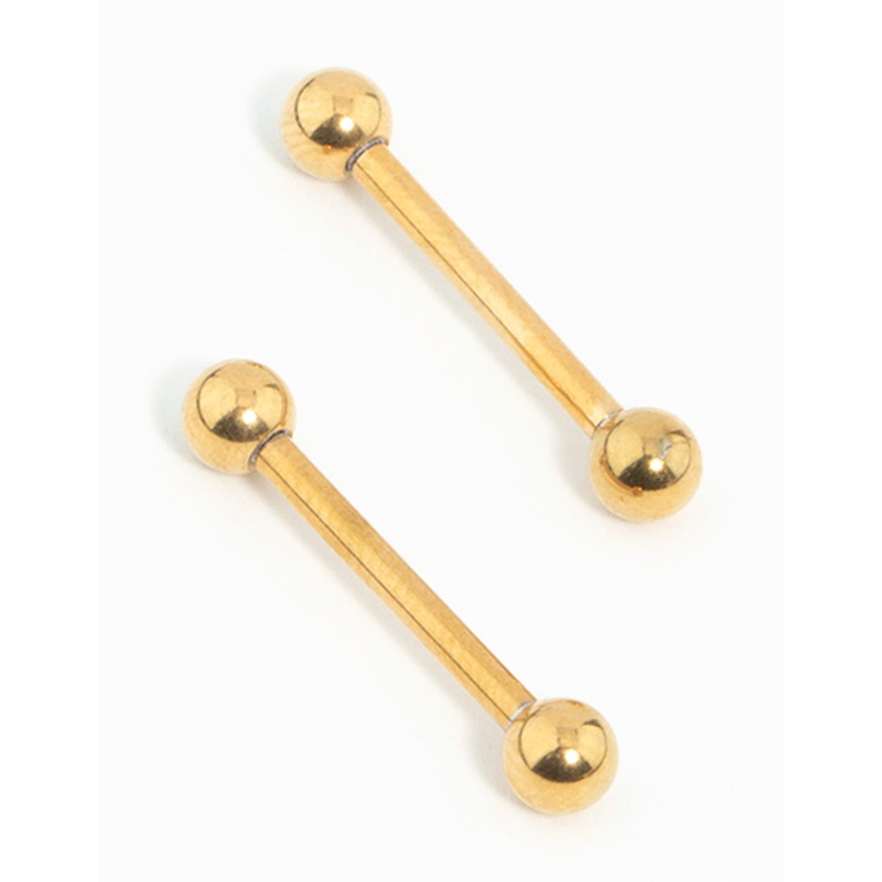 Gold Plated Surgical Steel Plain Ball Nipple Bars 2-Pack