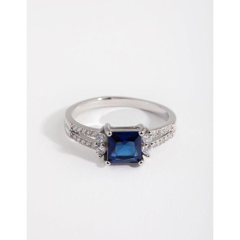 Silver Cubic Zirconia Square Station Double Band Ring