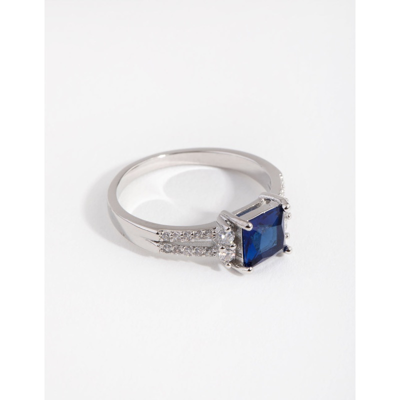 Silver Cubic Zirconia Square Station Double Band Ring
