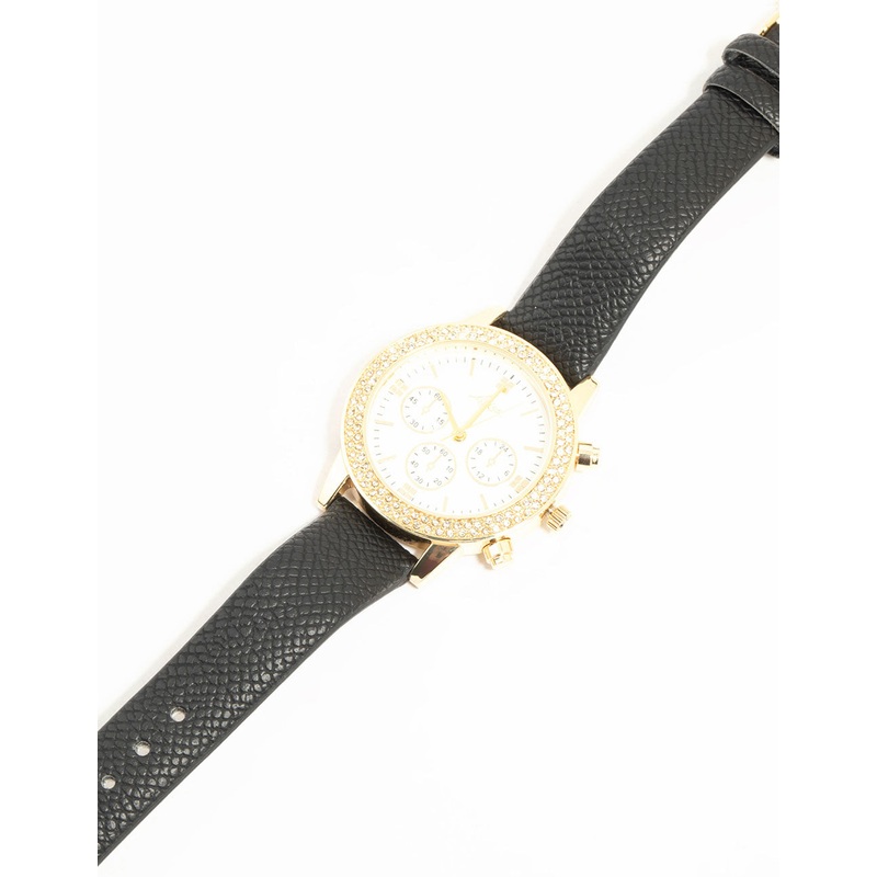 Black PU Leather & Diamante Mechanical Watch