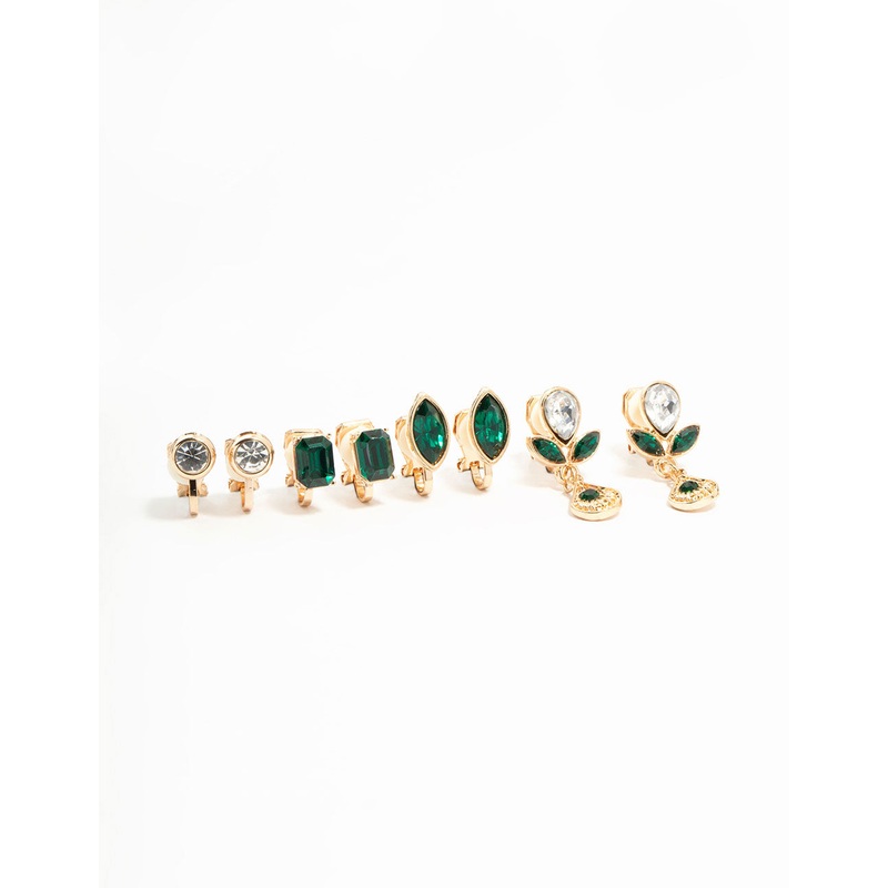Emerald Diamante Mixed Shape Clip On Earrings 4-Pack