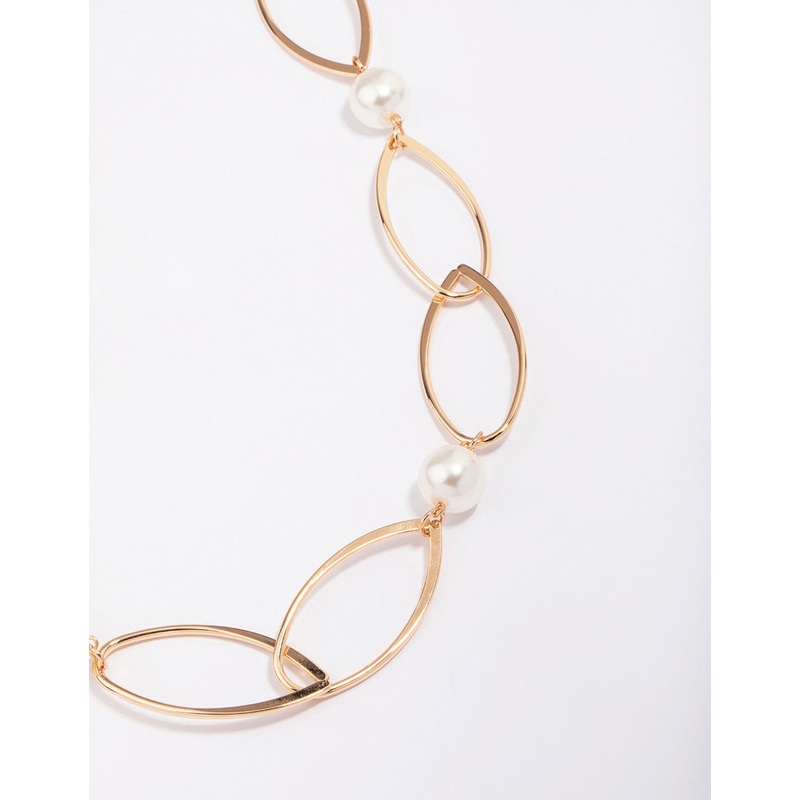 Gold Oval Pearl Link Chain Necklace