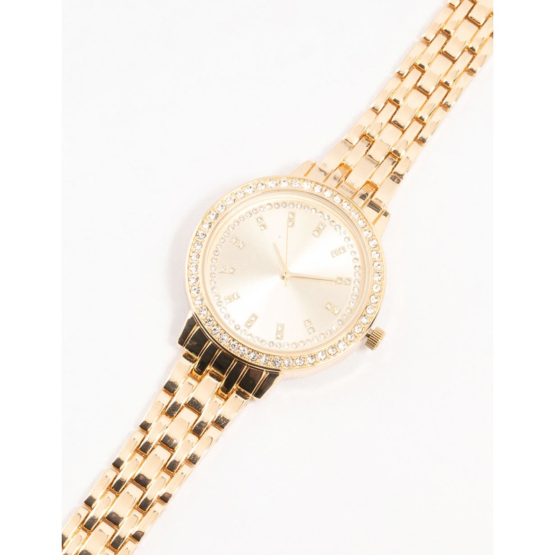 Gold Round Diamante Watch