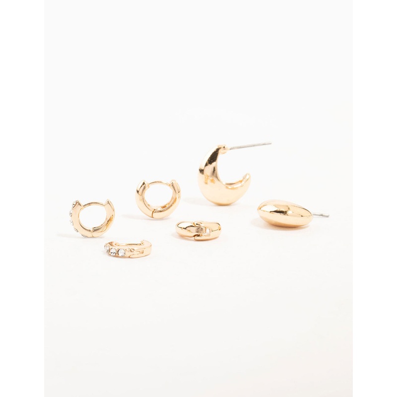 Gold Classic Plain & Diamante Hoop Earrings 3-Pack