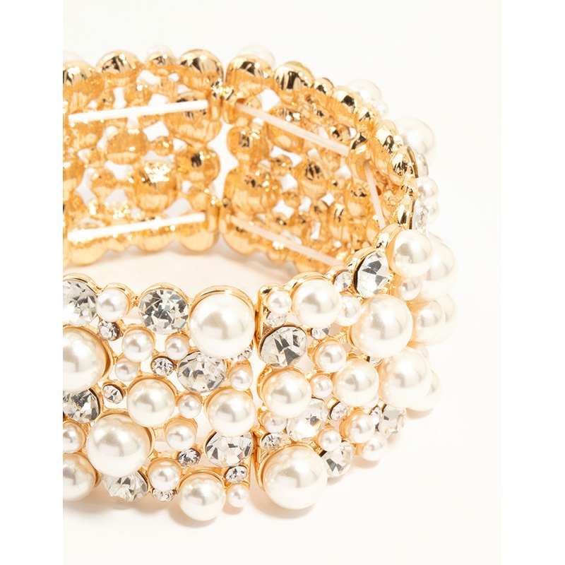 Gold Pearl & Diamante Stretch Bracelet