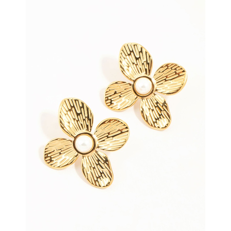 Waterproof Gold Plated Stainless Steel Flower Pearl Stud Earrings