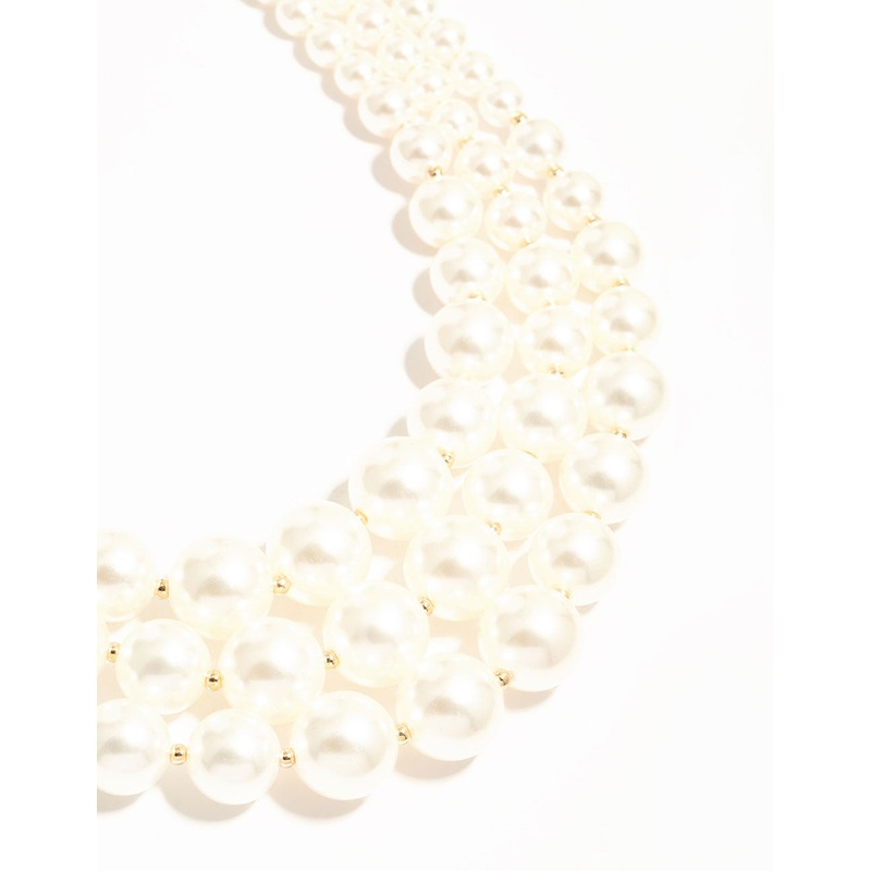 Gold Plated Pearl Triple Row Layered Necklace