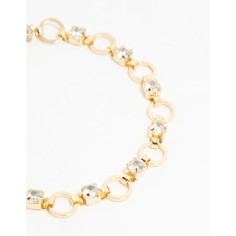 Gold Plated Brass Alternating Cubic Zirconia Round Link Bracelet