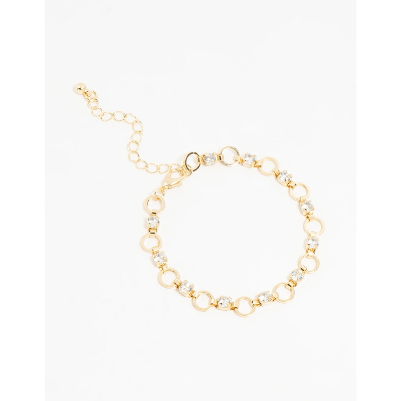 Gold Plated Brass Alternating Cubic Zirconia Round Link Bracelet