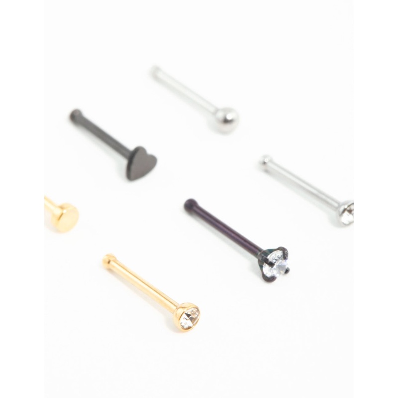Mixed Metals Heart & Diamante Nose Studs 6-Pack
