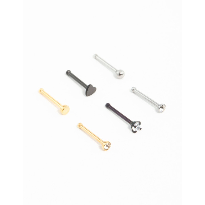 Mixed Metals Heart & Diamante Nose Studs 6-Pack