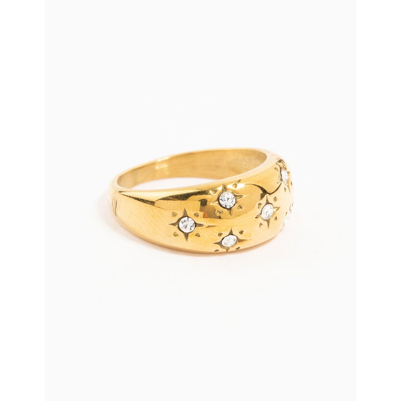 Waterproof Gold Plated Stainless Steel Diamante Scatter Band Ring