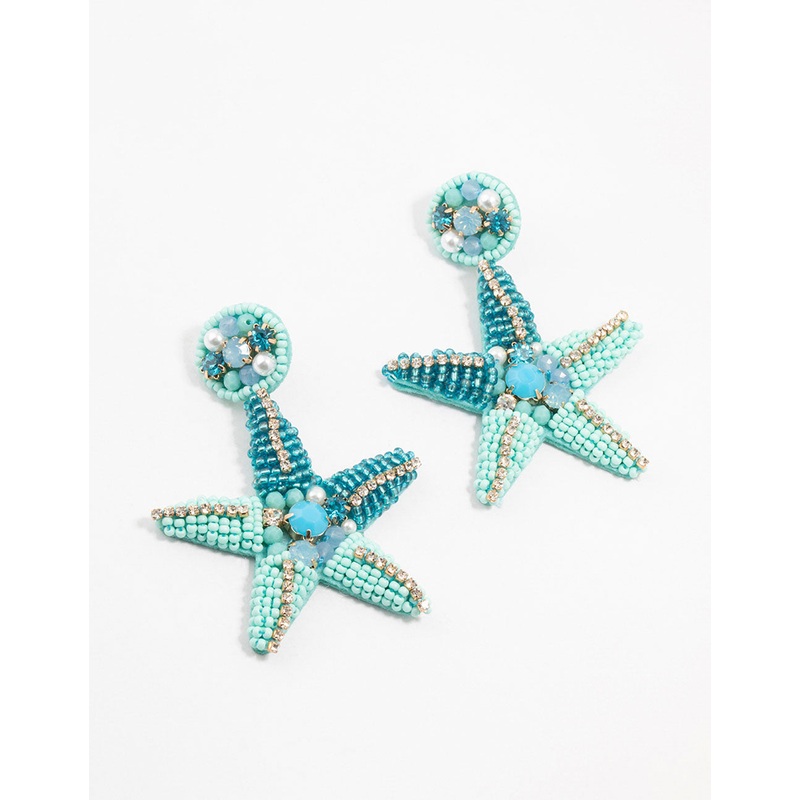 Blue Beaded Starfish Drop Earrings