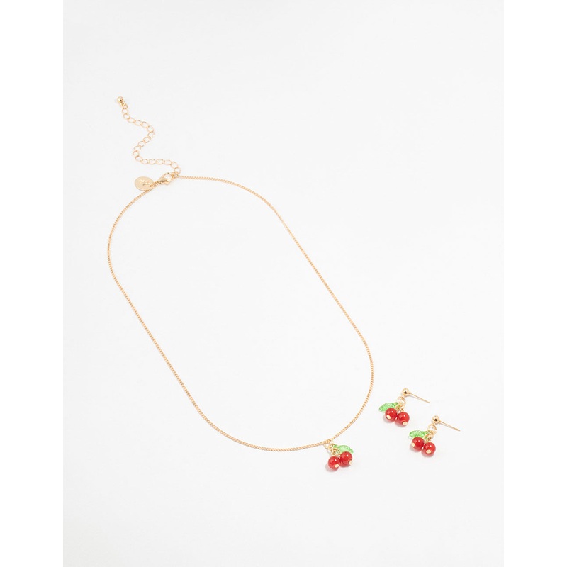 Gold Cherry Necklace & Earrings Set
