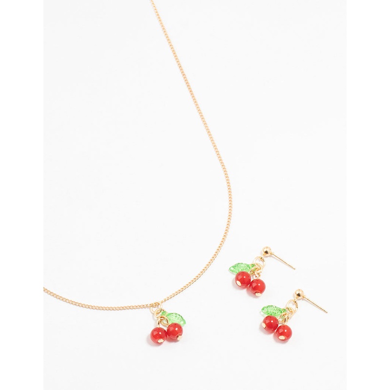 Gold Cherry Necklace & Earrings Set