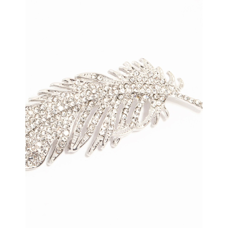 Silver Diamante Feather Brooch