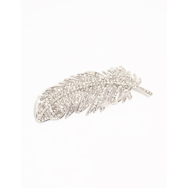 Silver Diamante Feather Brooch
