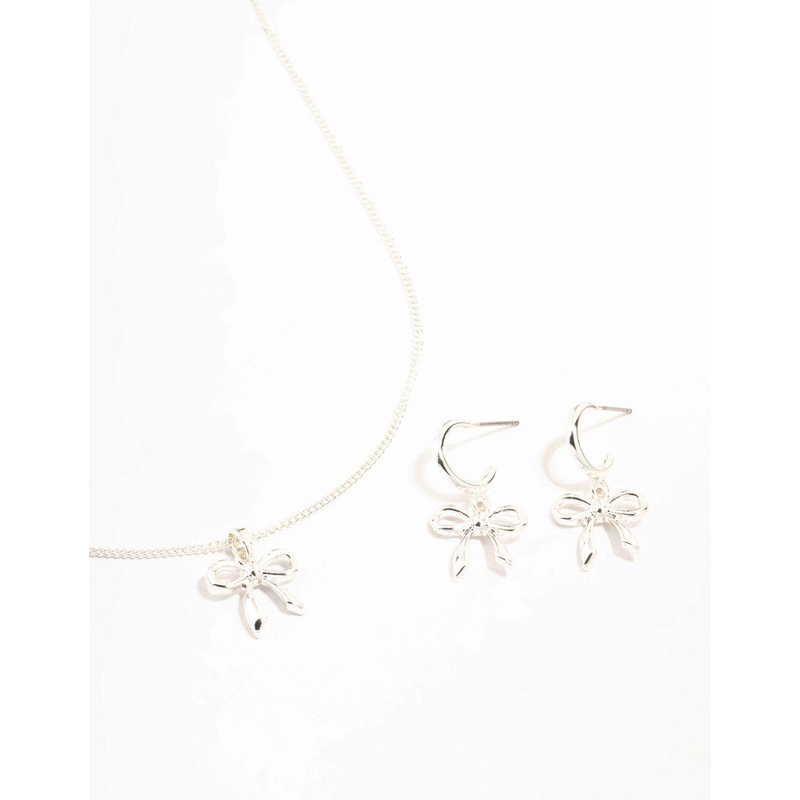 Silver Lovely Bow Necklace & Earrings Set
