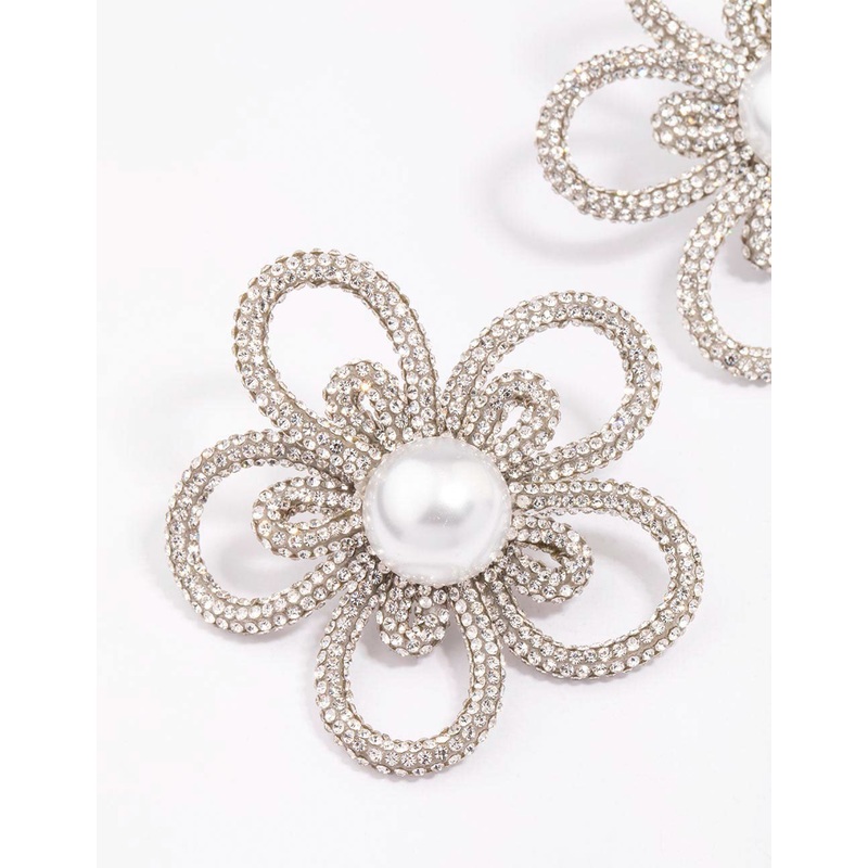 Silver Pearl Flower Statement Stud Earrings