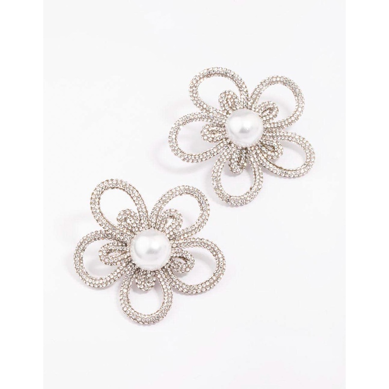 Silver Pearl Flower Statement Stud Earrings