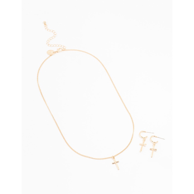 Sleek Gold Cross Necklace & Earring Set
