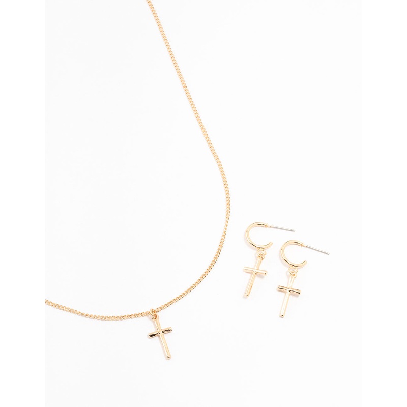 Sleek Gold Cross Necklace & Earring Set