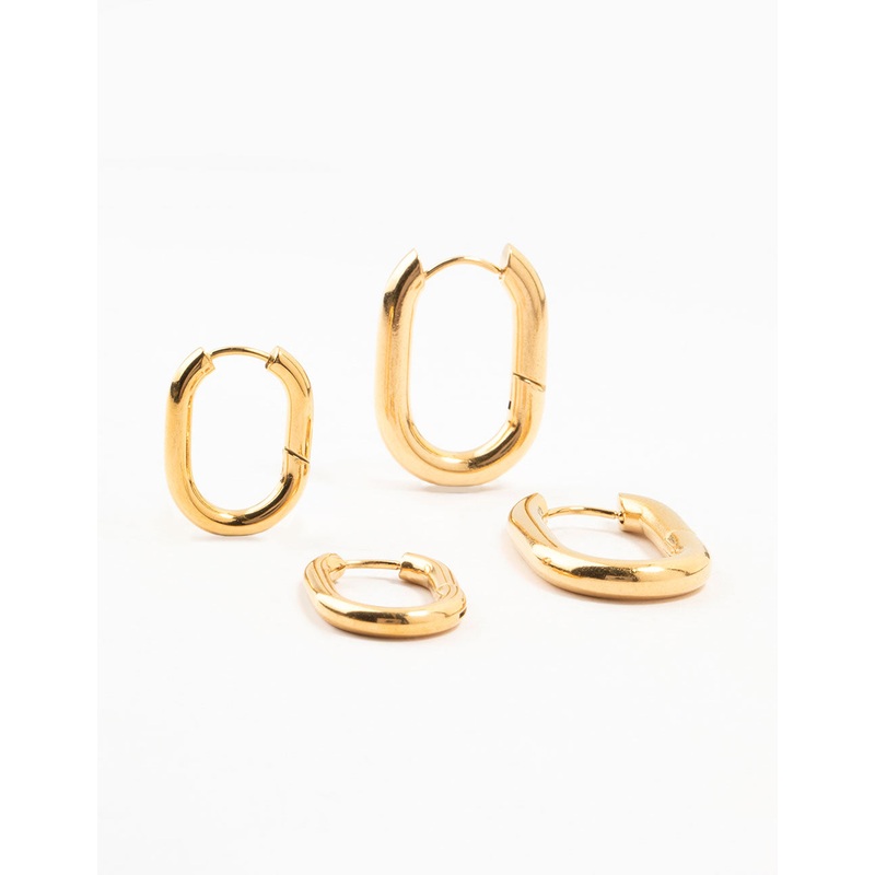 Waterproof Gold Plated Stainless Steel Square Oval Hoop Earrings 2-Pack