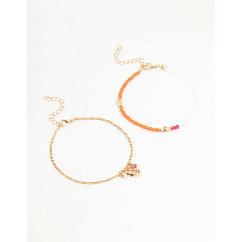 Gold Beaded Shell Anklets 2-Pack