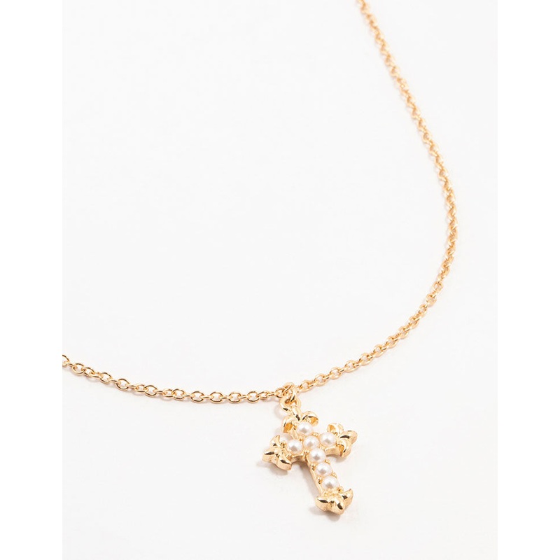 Gold Pearl Cross Necklace
