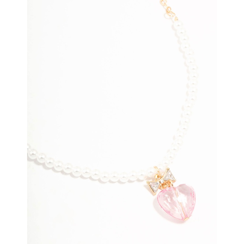 Gold Pearl & Pink Faceted Bead Heart Necklace