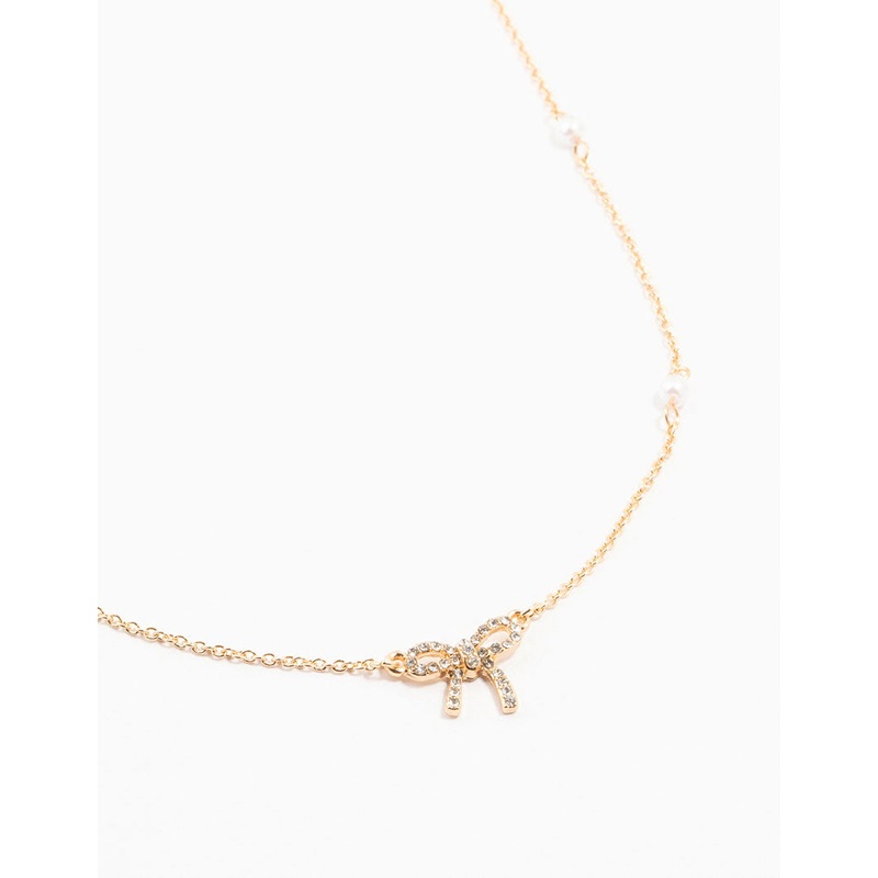 Gold Plated Station Pearl Diamante Bow Pendant Necklace