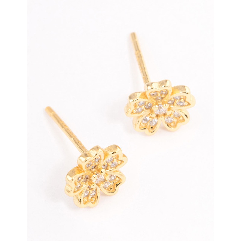 Gold Plated Sterling Silver Cubic Zirconia Flower Stud Earrings