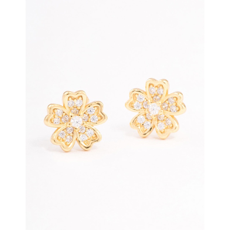 Gold Plated Sterling Silver Cubic Zirconia Flower Stud Earrings